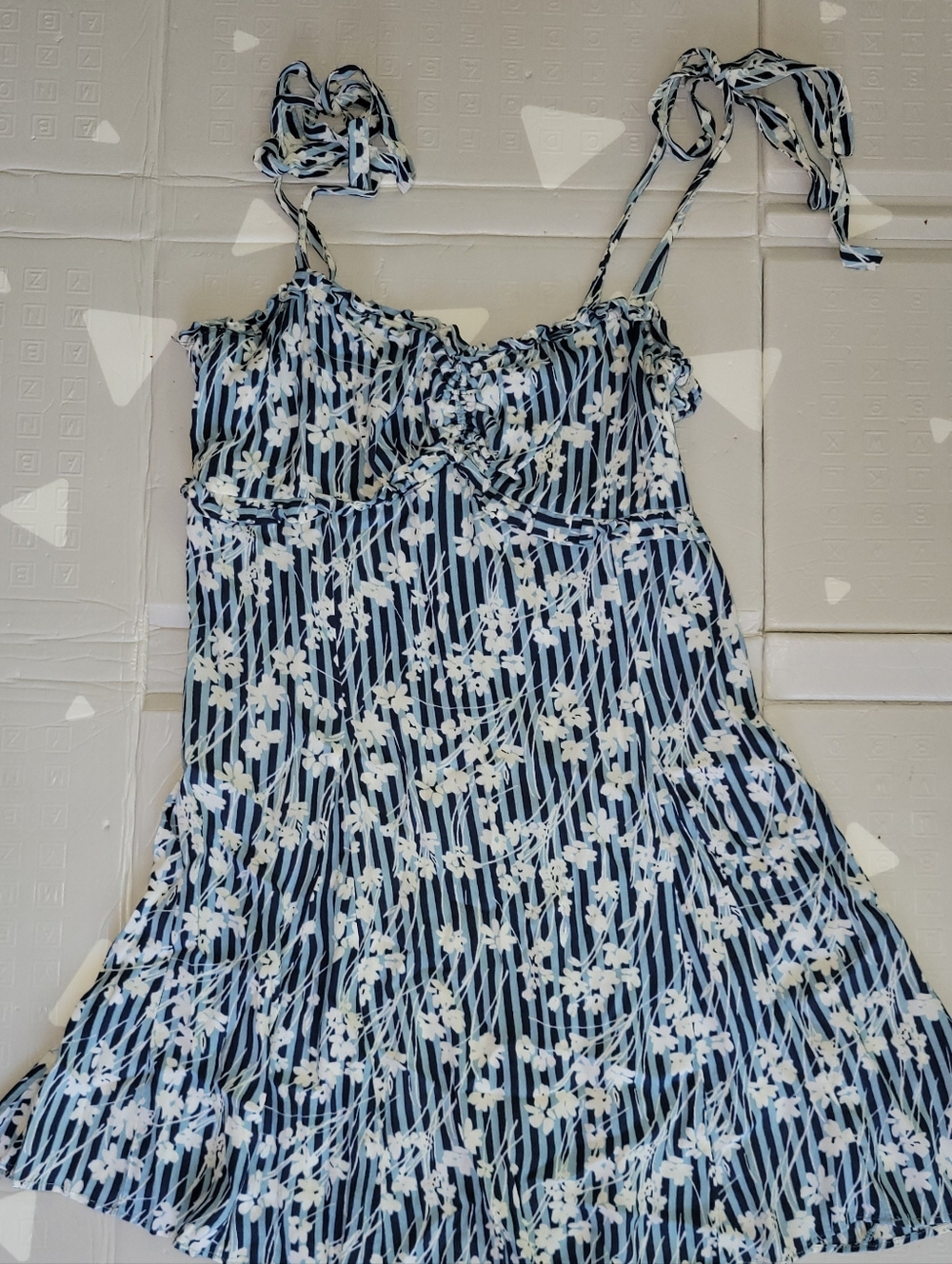Free People Tie Strap Blue Floral Stripe Sundress 10/Large